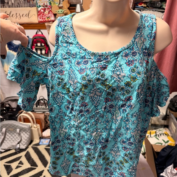 St. John's Bay Tops - St. John's Bay Floral Cold Shoulder Blouse - Turquoise